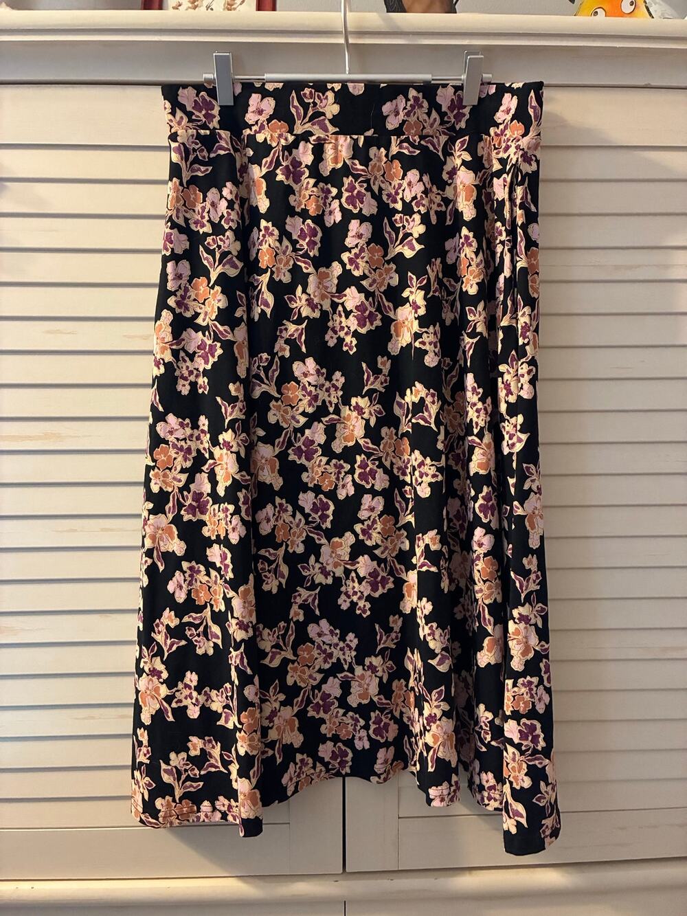 Pact Skirt Fit & Flare Midi Seam Pockets Muted Floral Black Organic Cotton XL